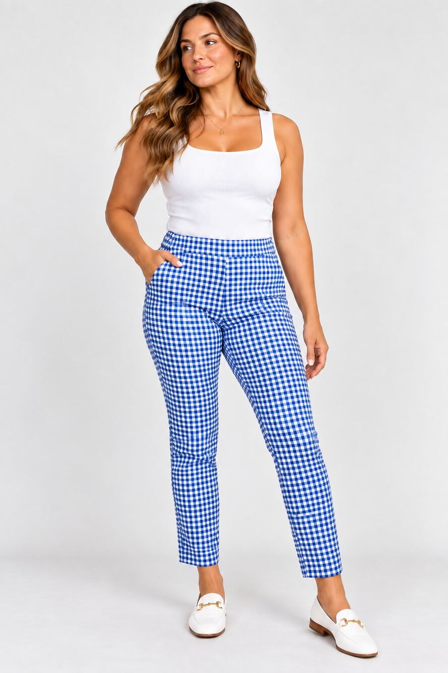 RLX Ralph Lauren Gingham Pants Size 8 Blue White Check Stretch Pull On Ankle